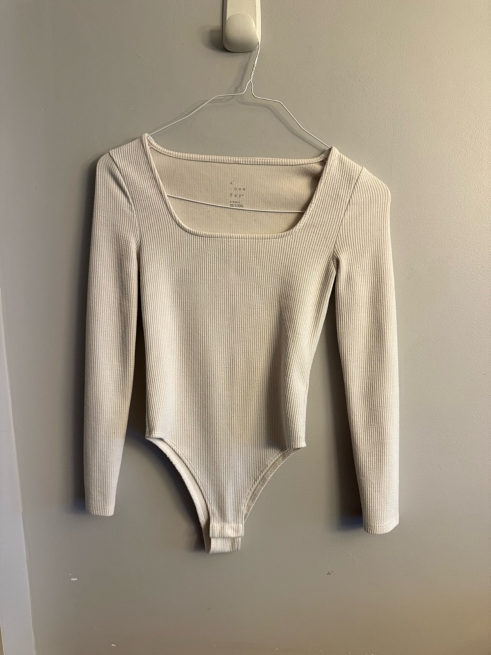 A New Day Cream Ribbed Square Neck BodysuitMinimalist Long Sleeve Stretch Top